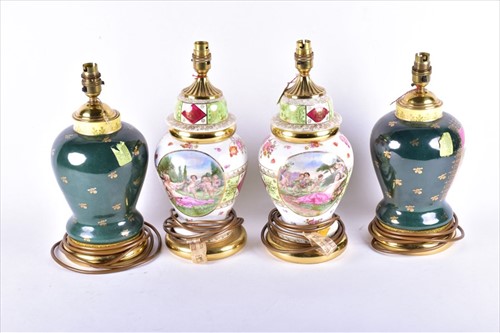 Lot 203 - Two pairs of Vienna porcelain table lamps one...