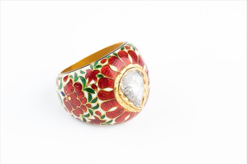 Lot 489 - An Indian enamel and diamond cocktail ring...