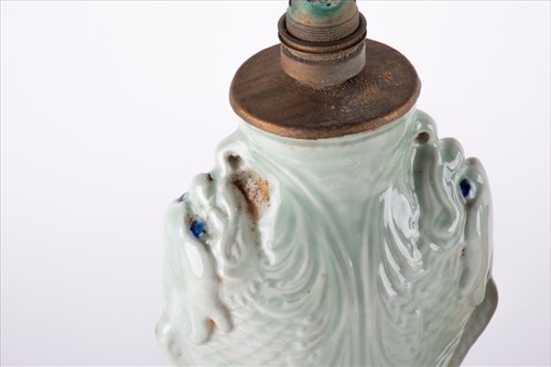 Lot 181 - A pair of Chinese celadon porcelain lamps...