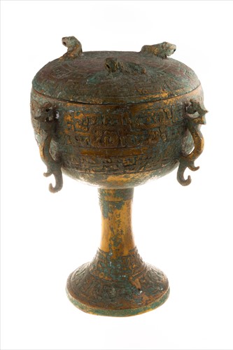 Lot 193 - A Chinese archaic style Dou lidded vessel with...