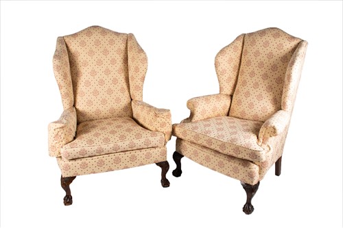 Lot 110 - A pair of Victorian style upholstered wingback...