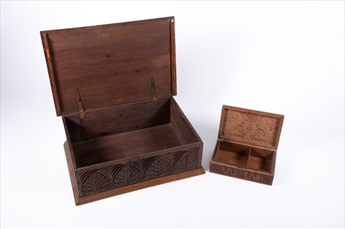 Lot 211 - A 19th century oak bible box with carved front...