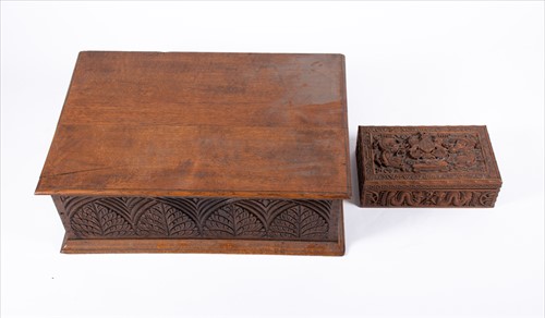 Lot 211 - A 19th century oak bible box with carved front...