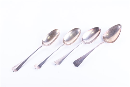 Lot 402 - Three early Georgian silver tablespoons of...