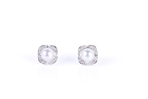 Lot 141 - A pair of 14ct white gold, diamond, and pearl...