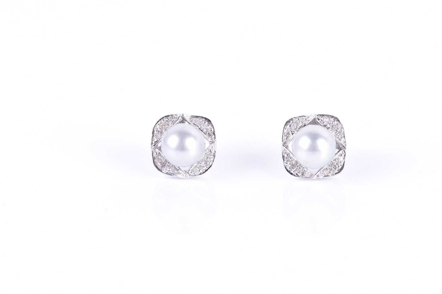 Lot 141 - A pair of 14ct white gold, diamond, and pearl...
