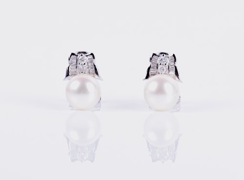Lot 143 - A pair of 14ct white gold, diamond, and pearl...