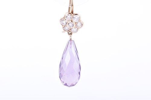 Lot 152 - A pair of diamond and amethyst drop earrings...