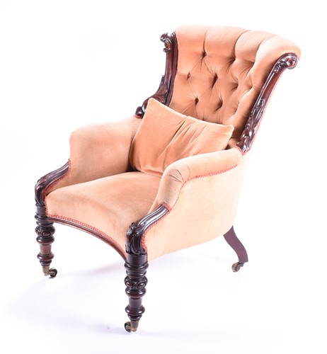Lot 115 - A Victorian upholstered armchair with carved...