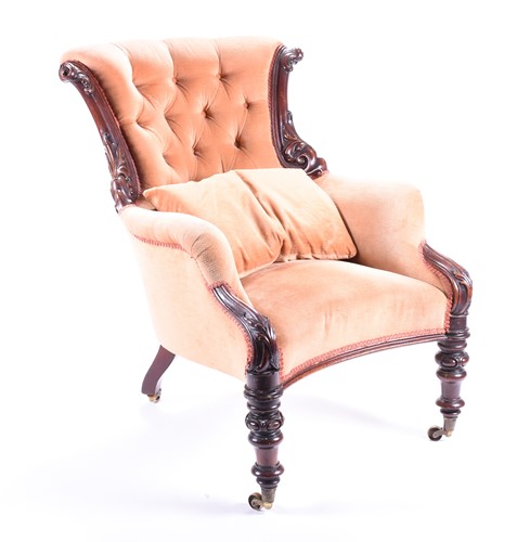 Lot 115 - A Victorian upholstered armchair with carved...