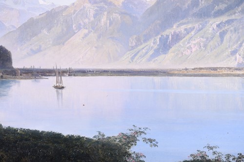 Lot 70 - A Continental lake scene, with a sailing boat...