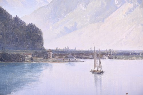 Lot 70 - A Continental lake scene, with a sailing boat...