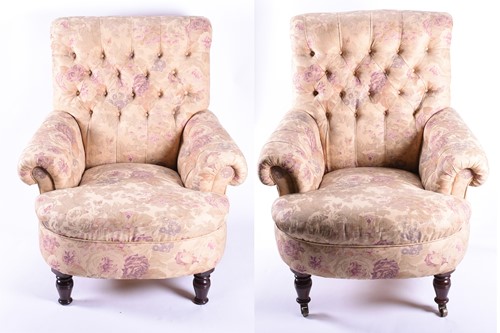 Lot 120 - A pair of large button back armchairs in the...