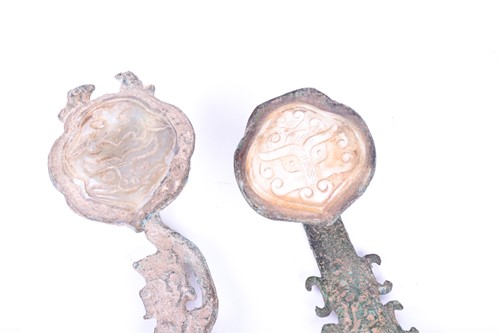 Lot 123 - Two Chinese Ruyi scepters each with inset...