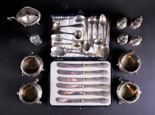 Lot 487 - Assorted items of silver to include four salts,...