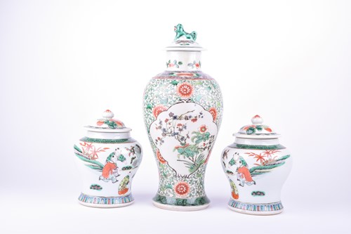 Lot 129 - A pair of Chinese Famille Verte vases and...