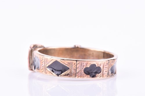 Lot 814 - A Victorian 9ct rose gold and black enamel...
