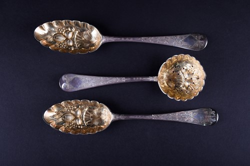 Lot 490 - A pair of Geo II silver table spoons, James...