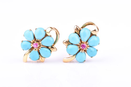 Lot 509 - A pair of 14ct yellow gold, turquoise, and...