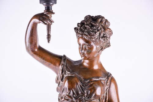 Lot 299 - A large patinated spelter table lamp, modelled...