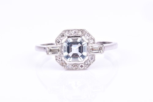 Lot 508 - A platinum, diamond, and aquamarine ring in...