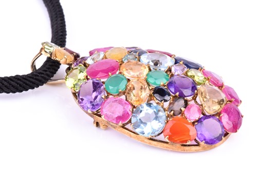 Lot 388 - A yellow metal and multi-gem pendant of oval...