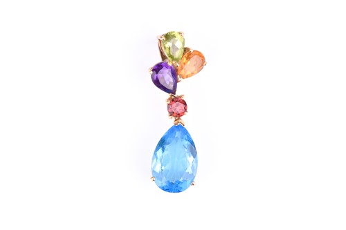 Lot 720 - An 18ct yellow gold and multi-gem pendant, set...