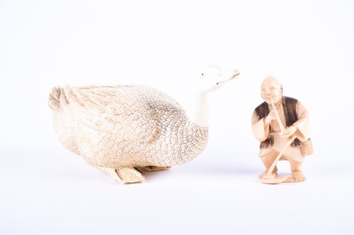 Lot 232 - A Japanese carved ivory duck, Meiji period,...