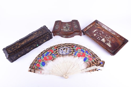 Lot 186 - A 19th century Chinese painted feather fan,...
