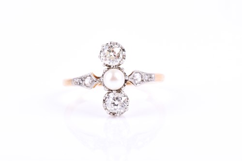 Lot 682 - An old-cut diamond and pearl ring, set north...