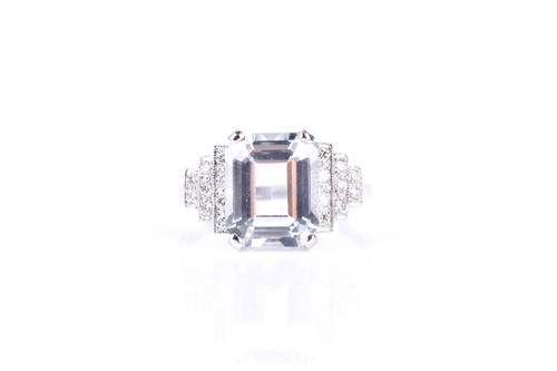 Lot 830 - A platinum, diamond, and aquamarine ring, set...