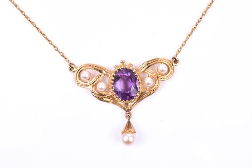 Lot 680 - A 9ct yellow gold, amethyst, and pearl pendant...