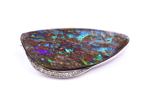 Lot 585 - A diamond and boulder opal brooch, set with an...