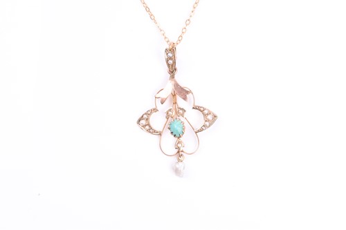 Lot 826 - A 9ct yellow gold, seed pearl, and turquoise...