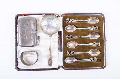 Lot 449 - A cased set of six silver coffee spoons,...