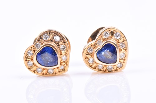 Lot 697 - A pair of diamond and sapphire heart-shaped...