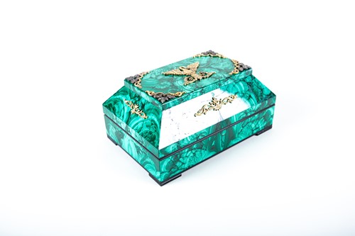 Lot 445 - A Russian malachite box of sarcophagus form,...