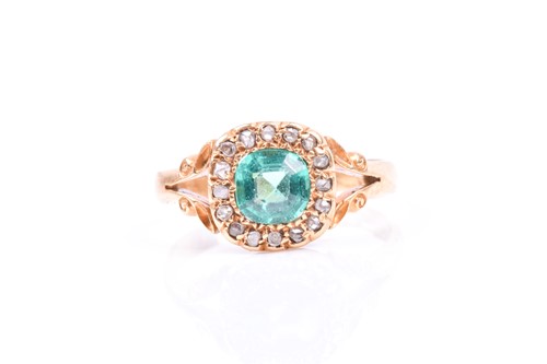 Lot 720 - An 18ct yellow gold, diamond, and emerald...