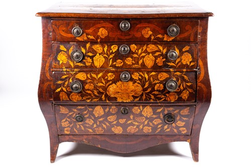 Lot 97 - An 18th century Dutch marquetry bombe commode,...