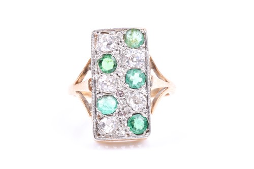 Lot 722 - An 18ct yellow gold, diamond, and emerald...