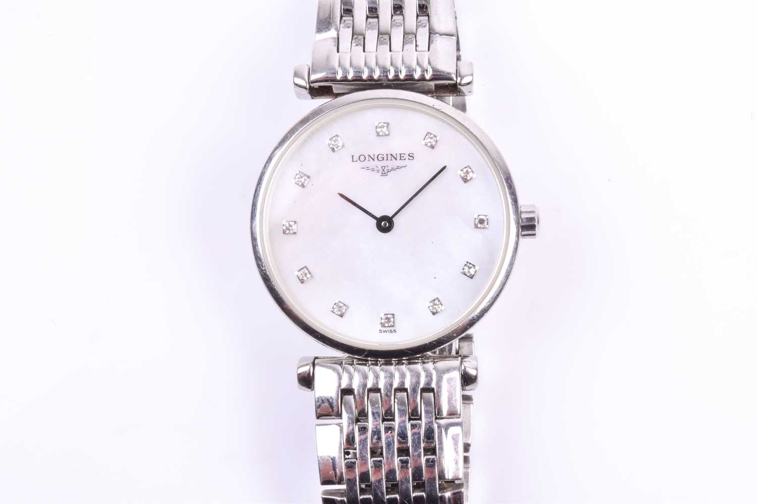 Lot 359 - A Longines ladies stainless steel wristwatch,...