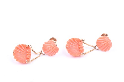 Lot 566 - A pair of yellow metal and carved coral drop...