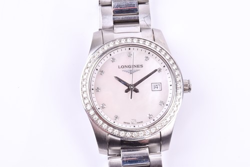 Lot 369 - A Longines ladies stainless steel wristwatch,...