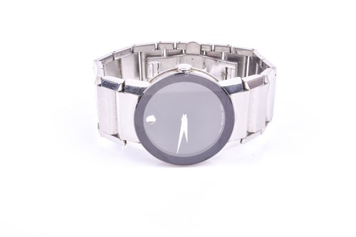 Lot 491 - A Movado stainless steel wristwatch, the black...