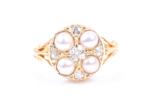 Lot 731 - An 18ct yellow gold, diamond, and pearl...