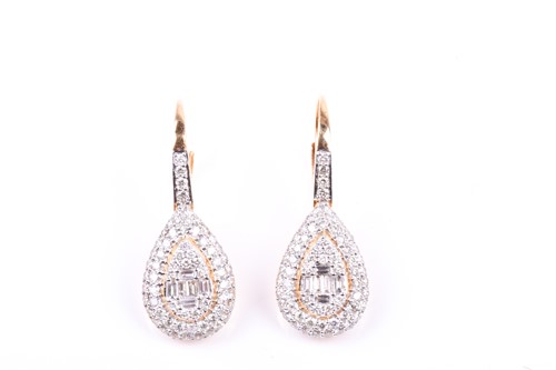 Lot 681 - A pair of yellow gold and diamond drop...