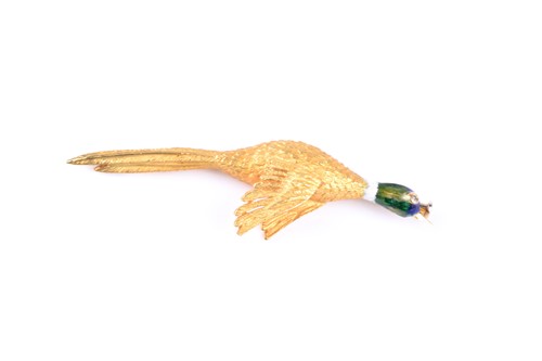 Lot 641 - A diamond and enamel pheasant brooch, the...