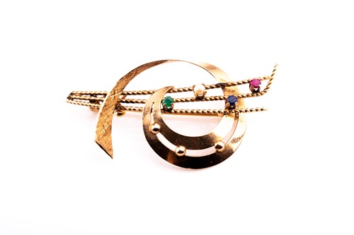 Lot 653 - An unusual 14ct yellow gold multi-gem brooch,...