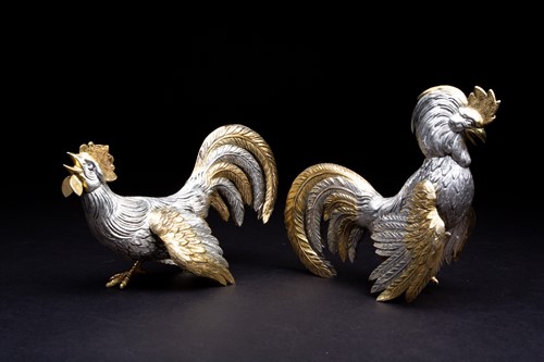 Lot 7 - A pair of Spanish silver fighting cocks, 20th...