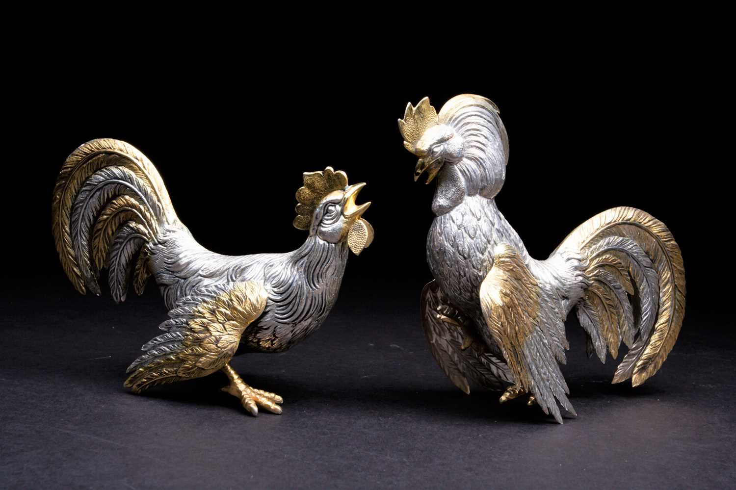 Lot 7 - A pair of Spanish silver fighting cocks, 20th...